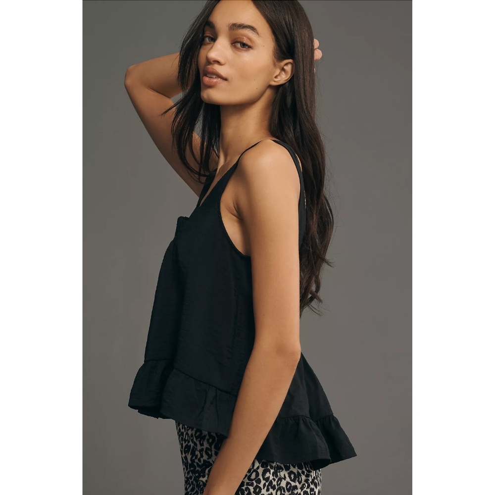 ANTHROPOLOGIE Maeve Smocked Ruffle-Hem Swing Tank Top in Black - Size XL (NWT)